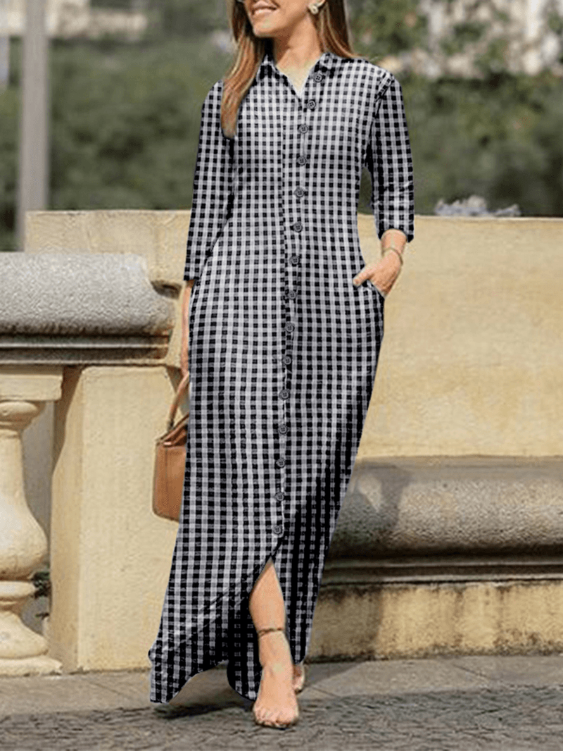 Casual Plaid Lapel Button Long Sleeve Shirt Dress - MRSLM