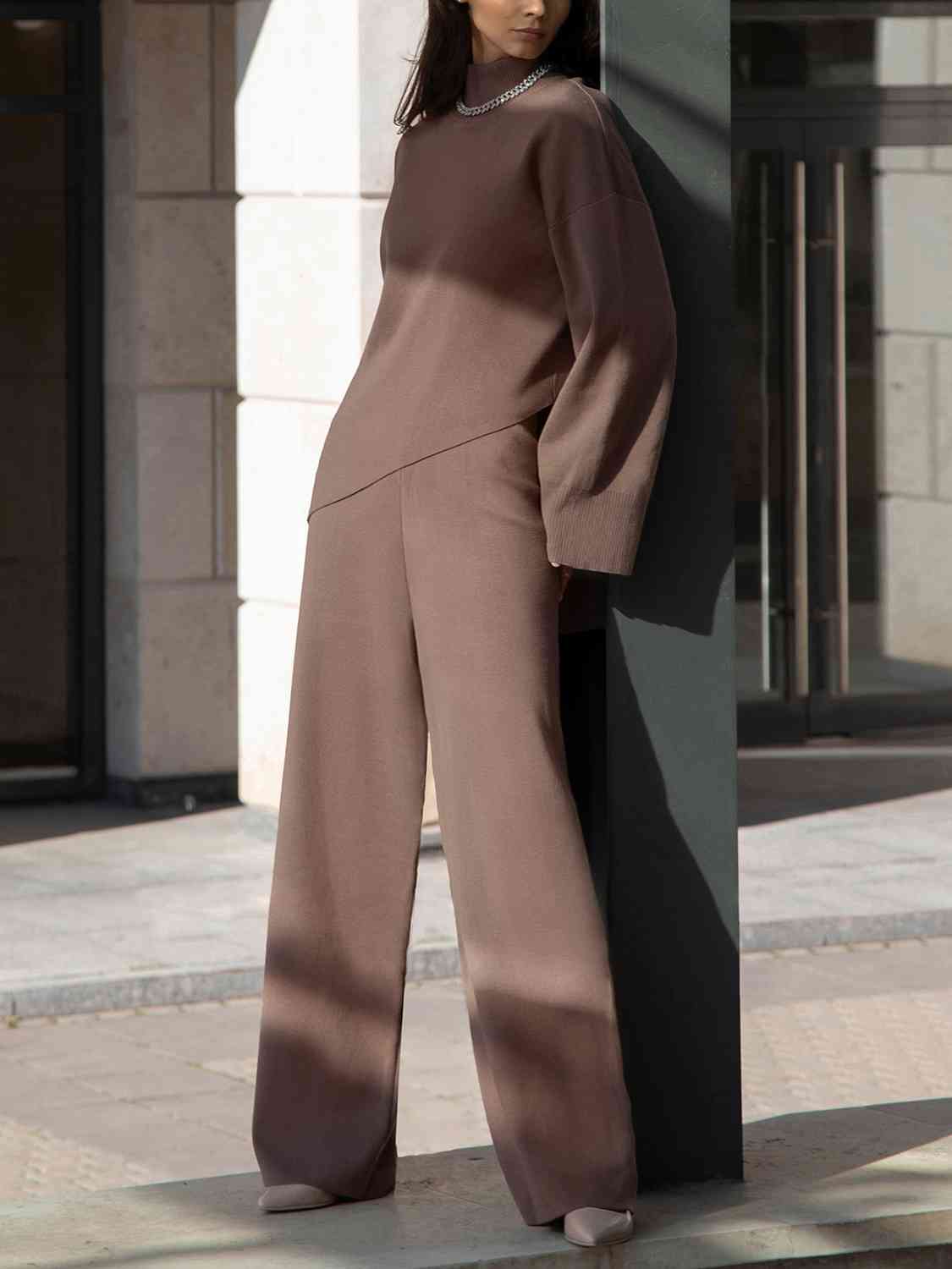 Asymmetrical Hem Knit Top and Pants Set