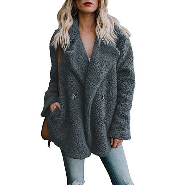 Double Breast Lapel Solid Color Women Teddy Coat Peacoat