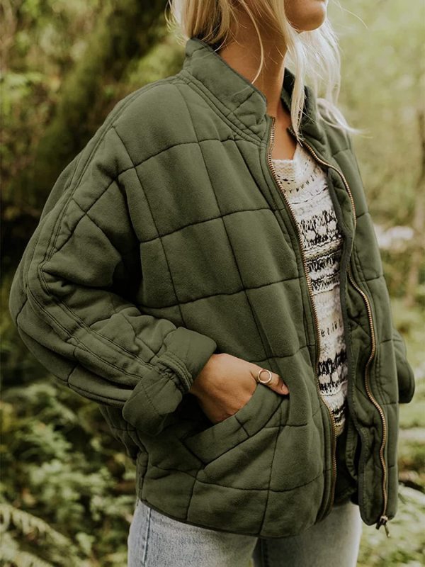 Quilted Jackets- Solid Cotton Blend High Neck Zip-Up Quilted Jacket- - Pekosa Women Clothing