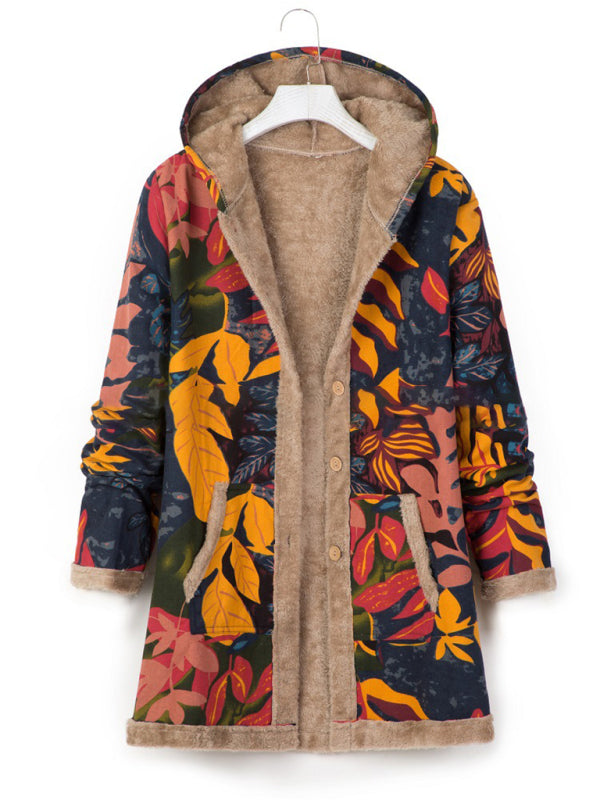 Printed Hooded Plush Women’s Coat with Pockets