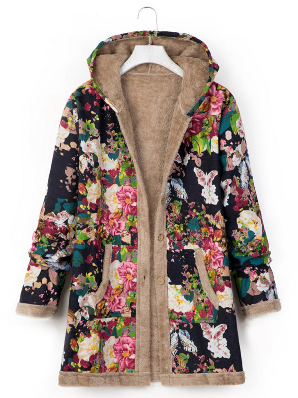 Printed Hooded Plush Women’s Coat with Pockets