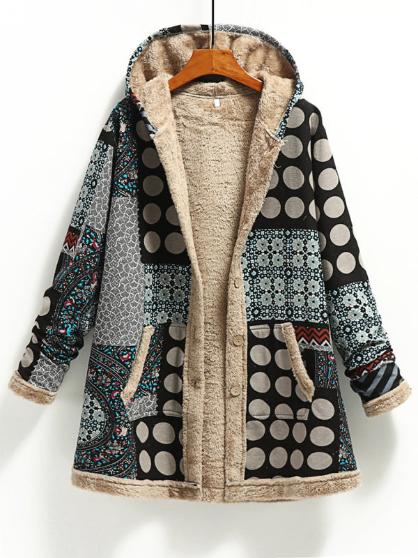 Printed Hooded Plush Women’s Coat with Pockets