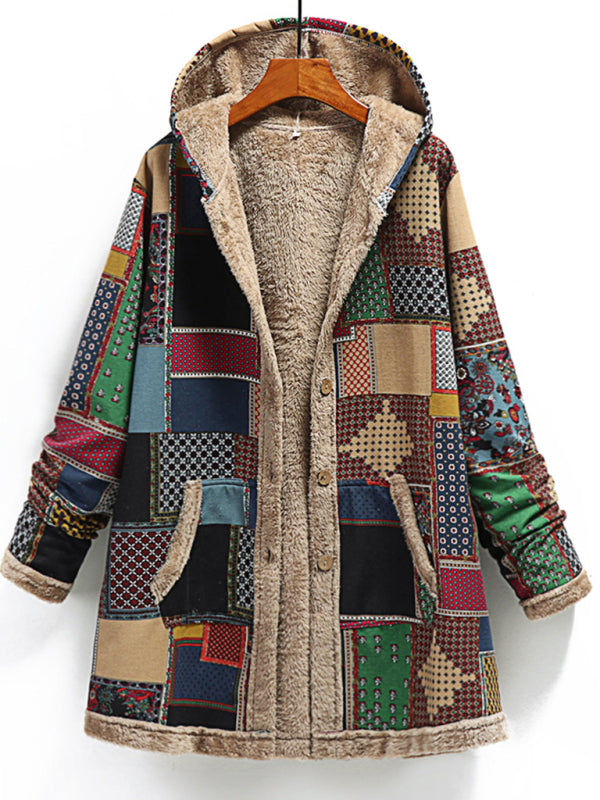 Printed Hooded Plush Women’s Coat with Pockets