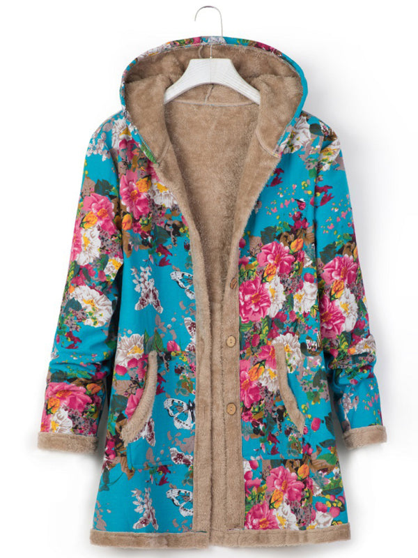 Printed Hooded Plush Women’s Coat with Pockets