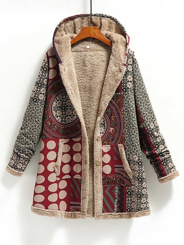 Printed Hooded Plush Women’s Coat with Pockets