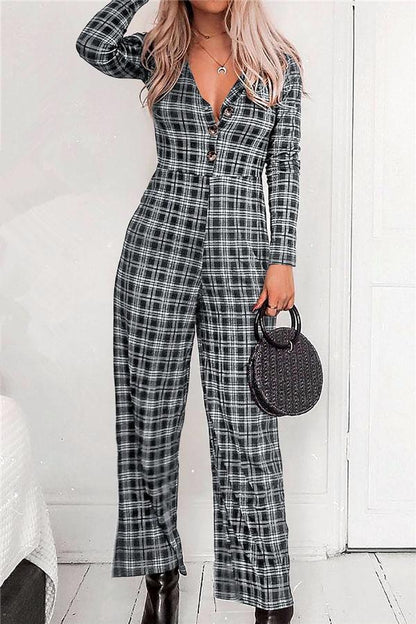 V Neck Plaid Jumpsuit Jumpsuits & Rompers 5201901221602 L black 